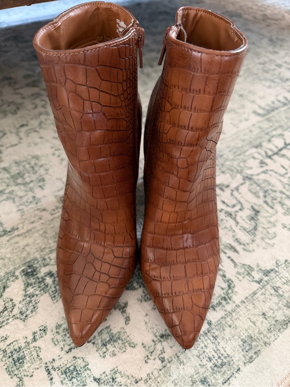 Brown Croc-Embossed Pointed Toe Ankle Booties